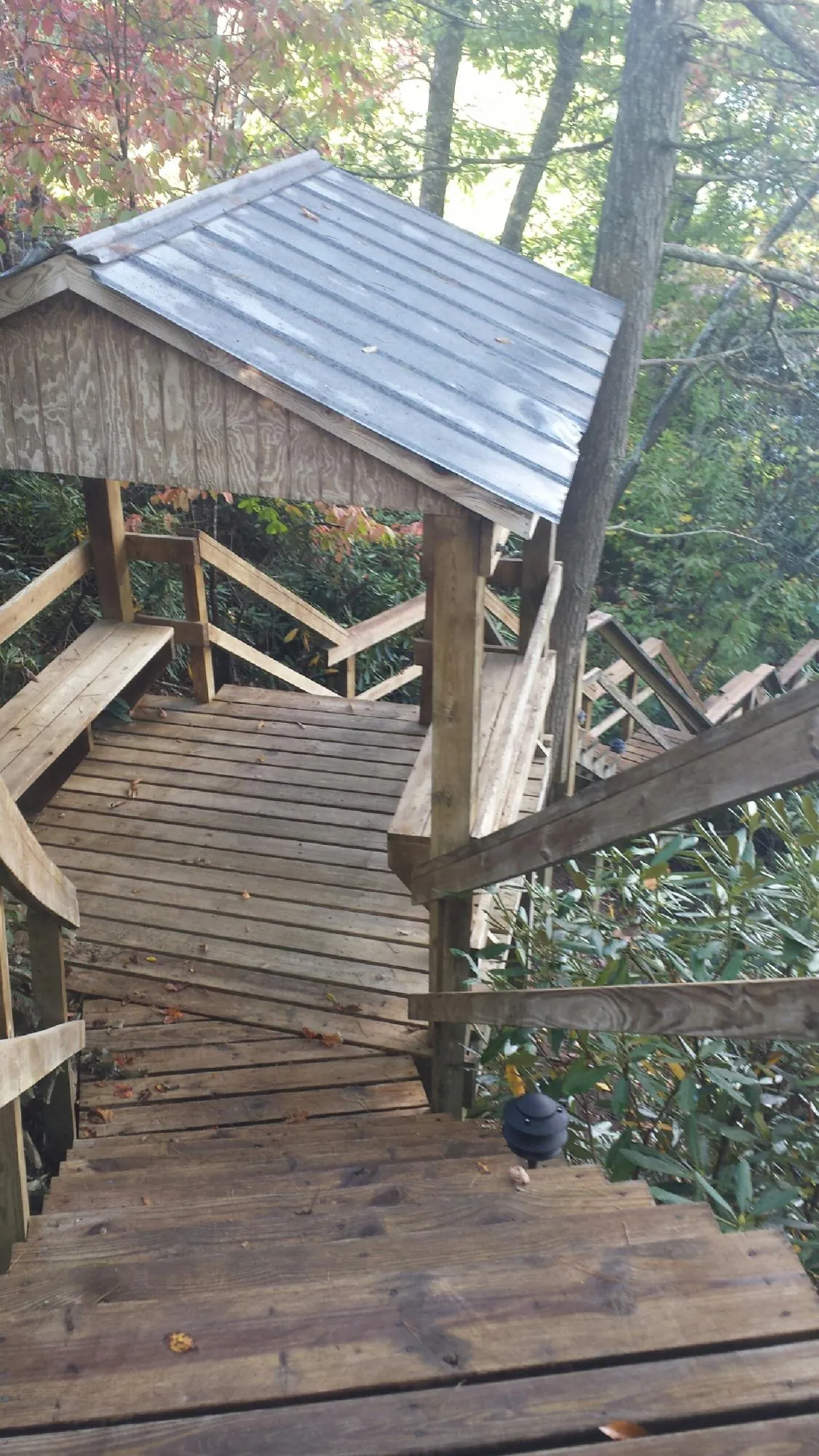 Metal roofed shelter over wooden steps on a wooded walkway — Skylight Repair & Installation work by our crew in Burden